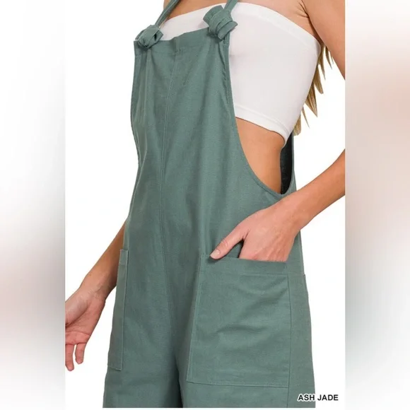 NWT Zenana Woven Stretchy Knot Tie Green Overalls - Picture 2 of 6